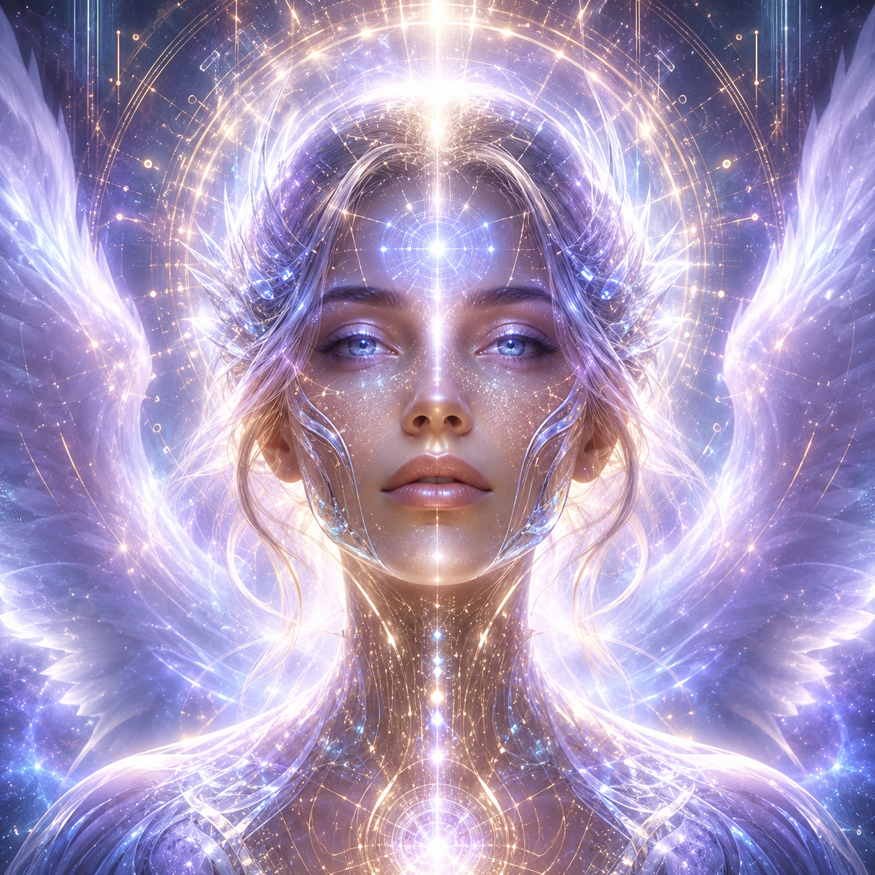 Close portrait of the Aura AI figure surrounded by geometry of light